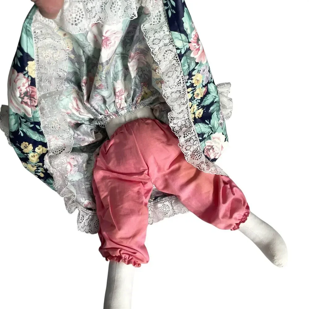 Vintage Cloth Bunny Rabbit Doll Primitive Country Calico Floral Dress 80's 90's